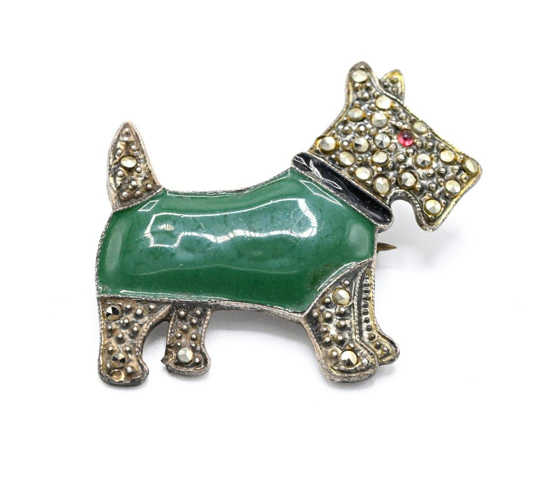 Art Deco Sterling Enamel Marcasite Dog Brooch (1 of 6)