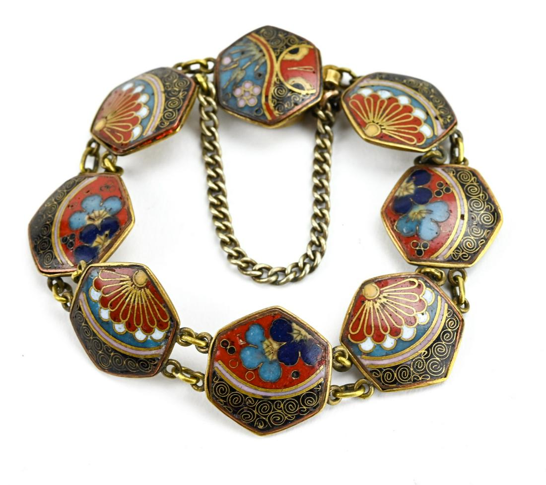 Antique Chinoiserie Champleve Enamel Bracelet: Antique Chinoiserie Champleve Enamel Bracelet. Articulated panel bracelet with eight champleve enamel stations. Hallmarked on clasp. Measures approximately 6.5 inches in length.