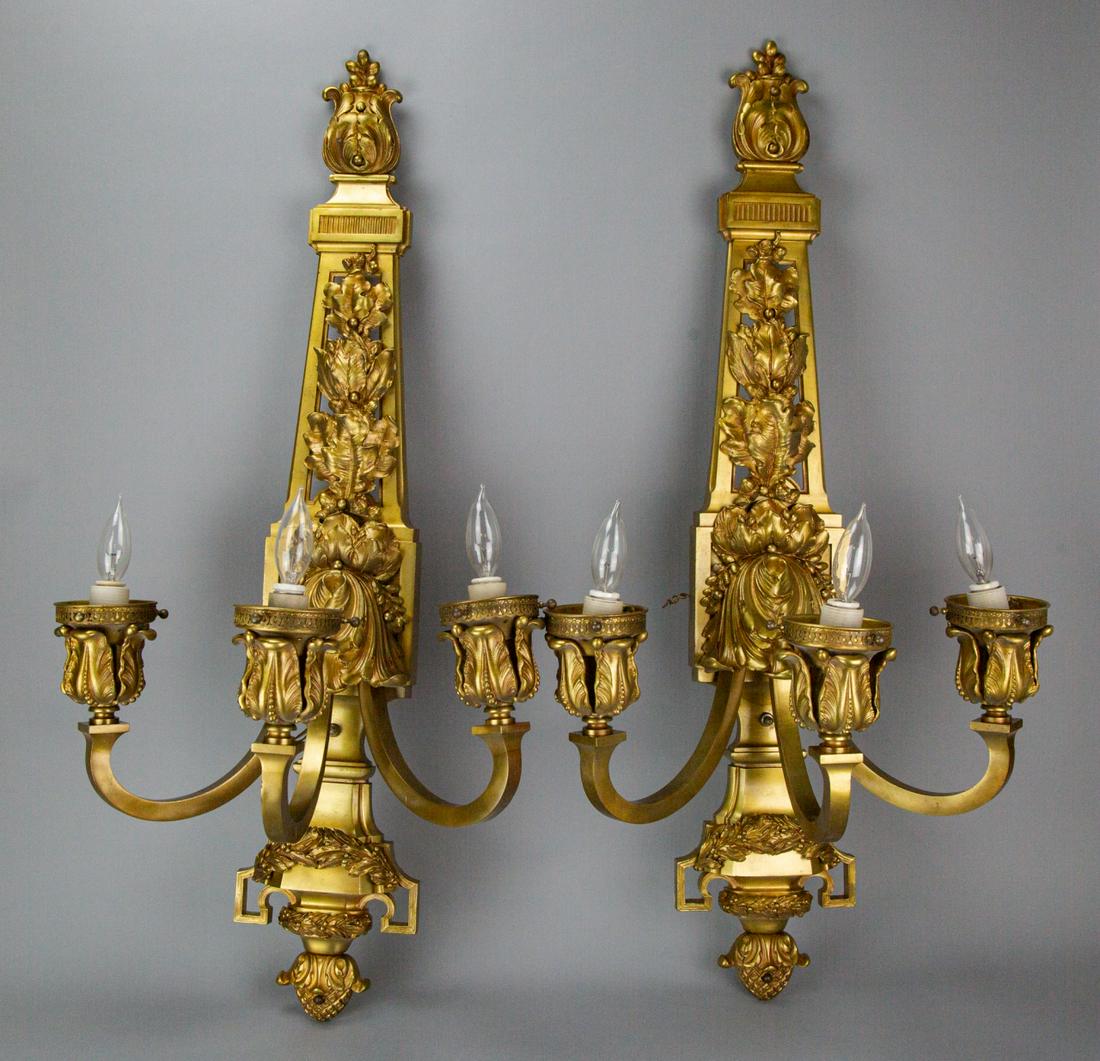 Neoclassical Gilt Bronze 3 Light Wall Sconces (1 of 7)