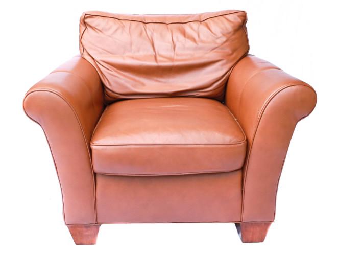 Stickley Craftsman Leather Orange Club Chair: Stickley Craftsman Leather Orange Club Chair. Measures 35 inches x 42 inches x 35 inches.