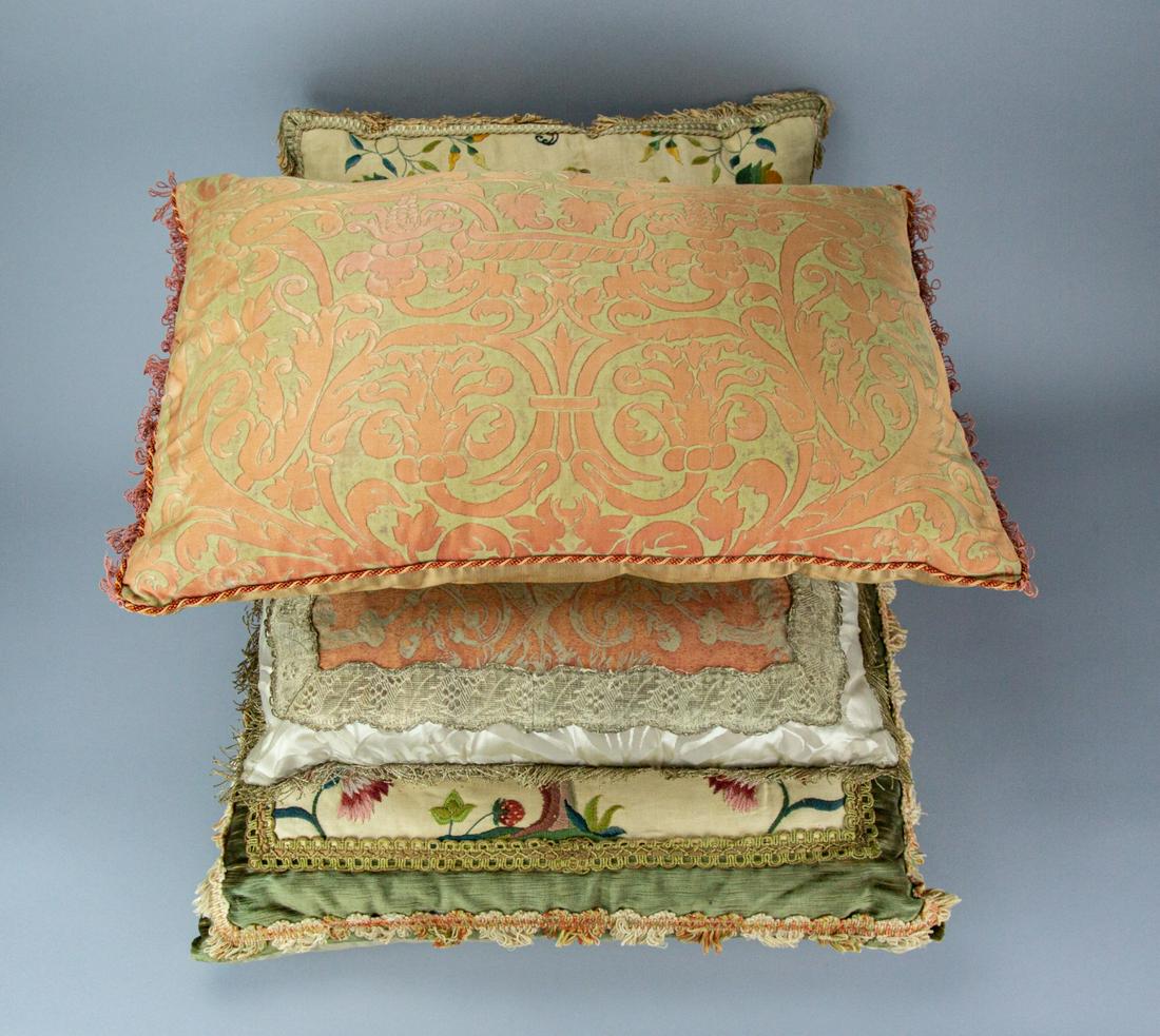 Vintage Throw Pillows Crewel Work, Fortuny Fabric (1 of 9)