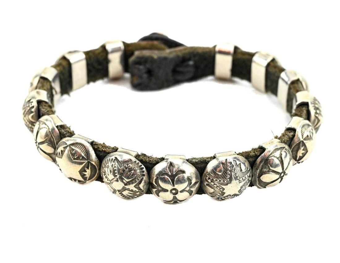 Native American Sterling Silver & Leather Bracelet (1 of 8)