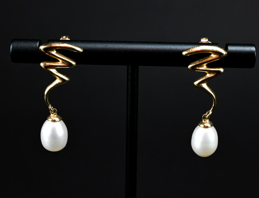 Pair of 14kt Yellow Gold & Pearl Zig Zag Earrings (1 of 6)
