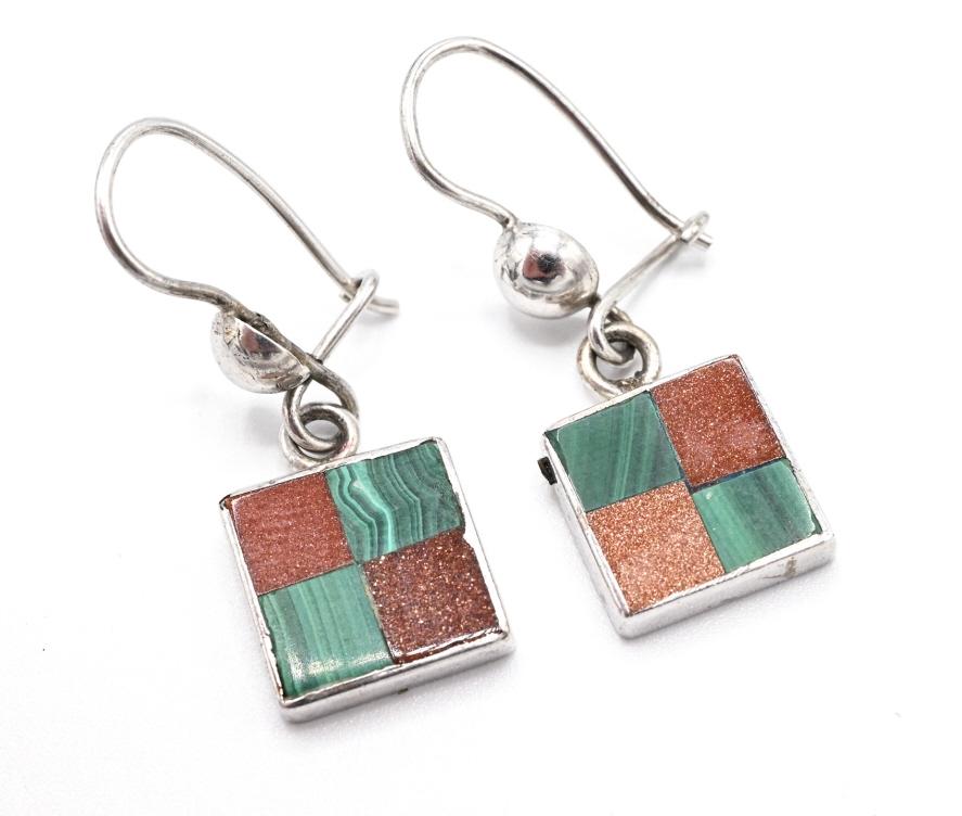 Pair of Sterling Goldstone & Malachite Earrings: Pair of Sterling Goldstone & Malachite Earrings. Each measures 1.25 inches in length.