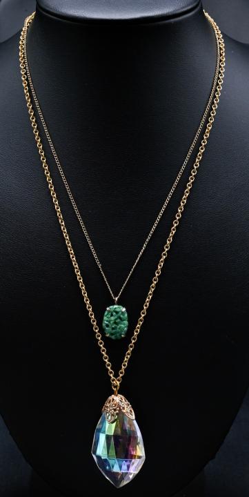 Gold Filled Chinese Art Deco & Crystal Necklaces: Antique Gold Filled Chinese Art Deco & Crystal w Gilt Metal Chain Necklaces. Longer chain measures 17 inches in length.