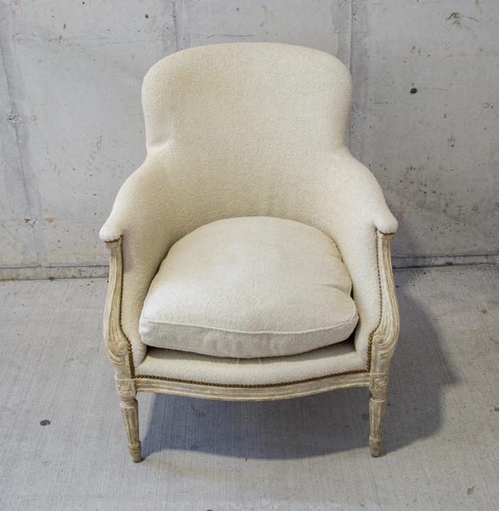 Swedish Neoclassical Style Roman Thomas Chair: Swedish Neoclassical Style Upholstered Painted Bergères / Armchairs with Nail Head Trim.Measures 34 inches x 30 inches x 25 inches.