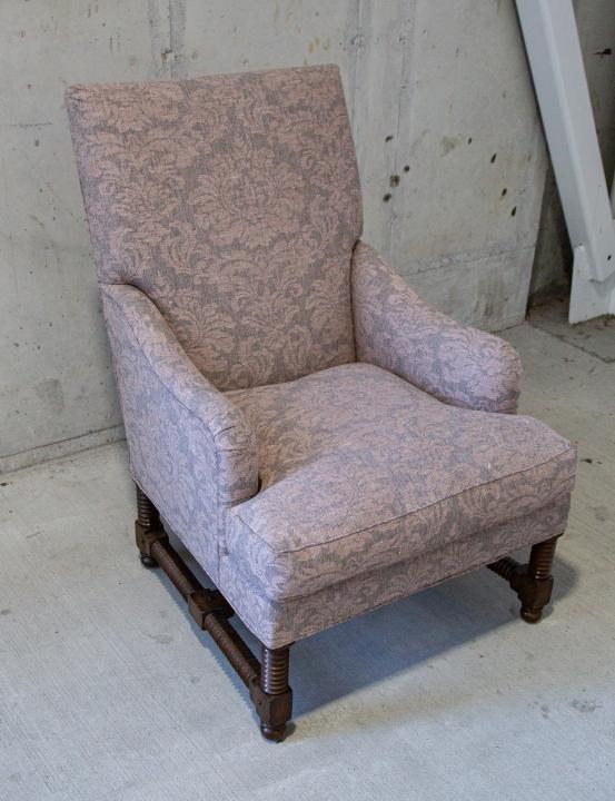 Custom Upholstered Hand Carved Accent Chair: Custom Upholstered Hand Carved Accent Chair.Measures 43 inches x 30 inches x 30 inches.