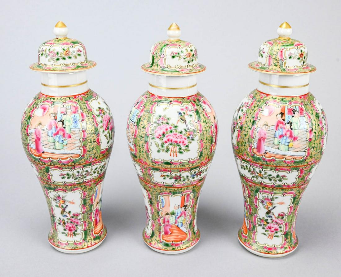 3 Antique Rose Medallion Ginger Jars: Pair Antique Rose Medallion Ginger Jars.Measures 10 inches x 2.5 diameter