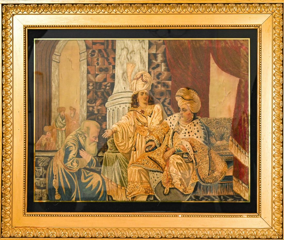 Antique Restoration Embroidery F. Bol Painting: Antique Restoration Silk Embroidery of Ferdinand Bol Painting Called Joseph Presenting Jacob to Pharaoh. Framed under glass.Frame measures 27 inches x 32 inches, art 18.5 inches x 24 inches.