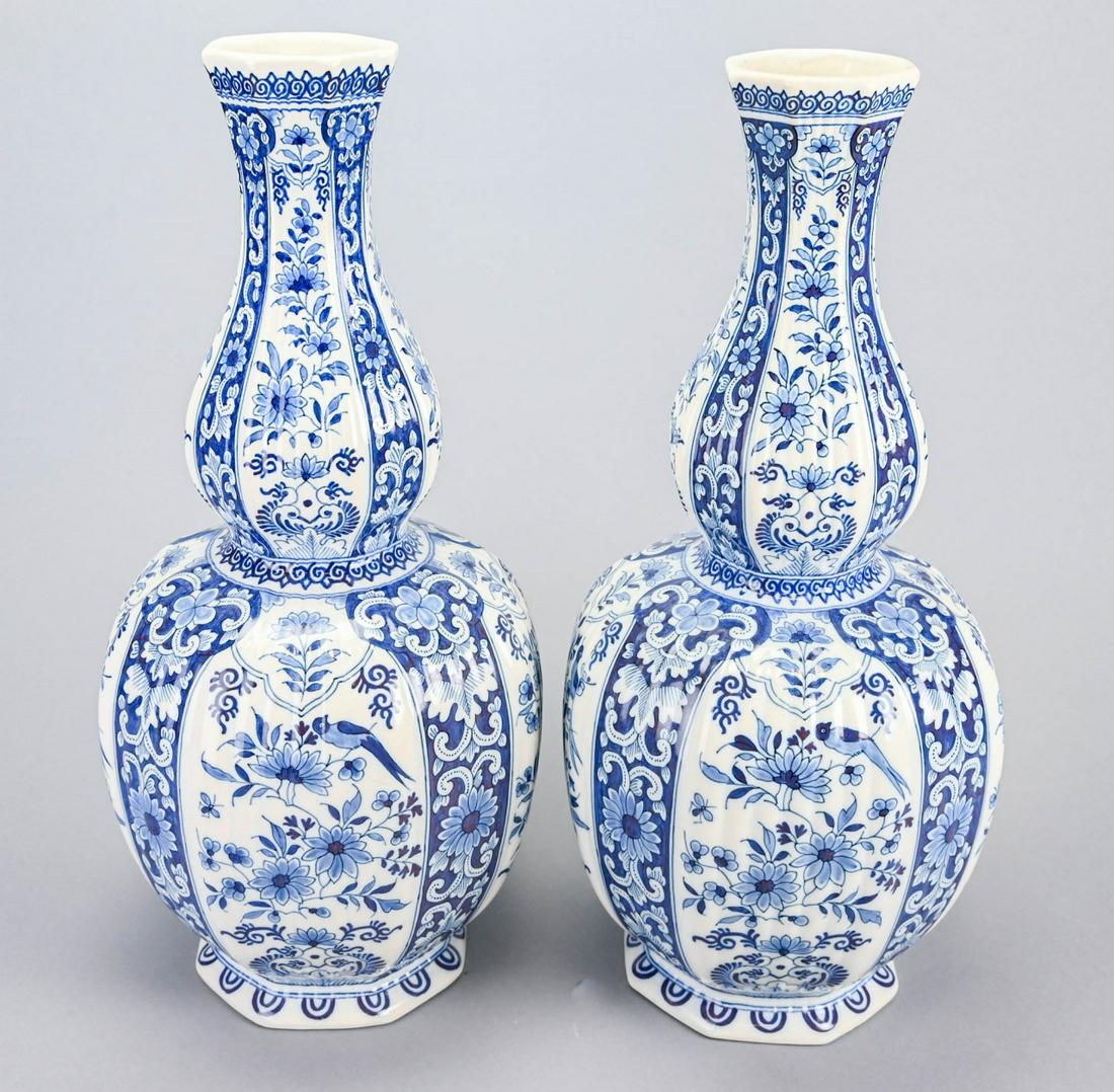 Pair Boch Freres Keramis Ribbed Gourd Vases: Pair Boch Freres Keramis Blue and White Ribbed Gourd Vases. Mold 38.Measures 17 inches x 7 inches diameter.