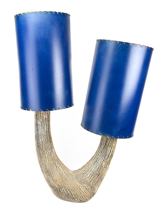 Mid Century Faux Bois Pottery Lamp w Vinyl Shades (1 of 8)