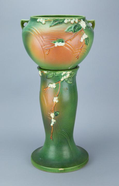 Antique Roseville American Pottery Collection: Antique Roseville American Pottery Collection Snow Berry Green Jardiniere and PedestalPedestal measures 18 inches x 11 inches diameter.