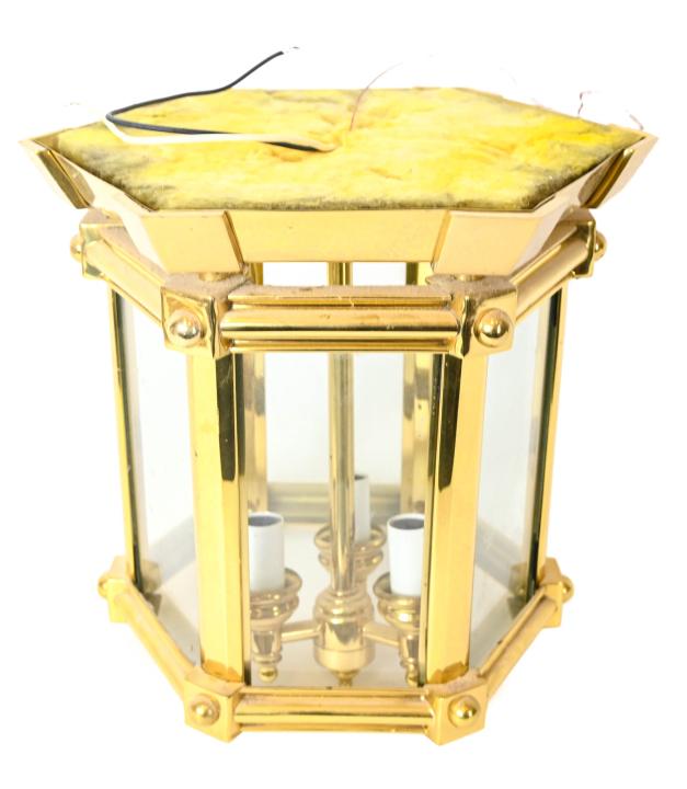 Brass and Glass Mount 3 Light Lantern: Brass and Glass Flash Mounts 3 Light LanternMeasures 11 inches x 11 inches.