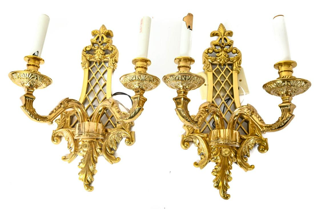 Pair Regency Style Gilt Brass 2 Arm Sconces (1 of 9)