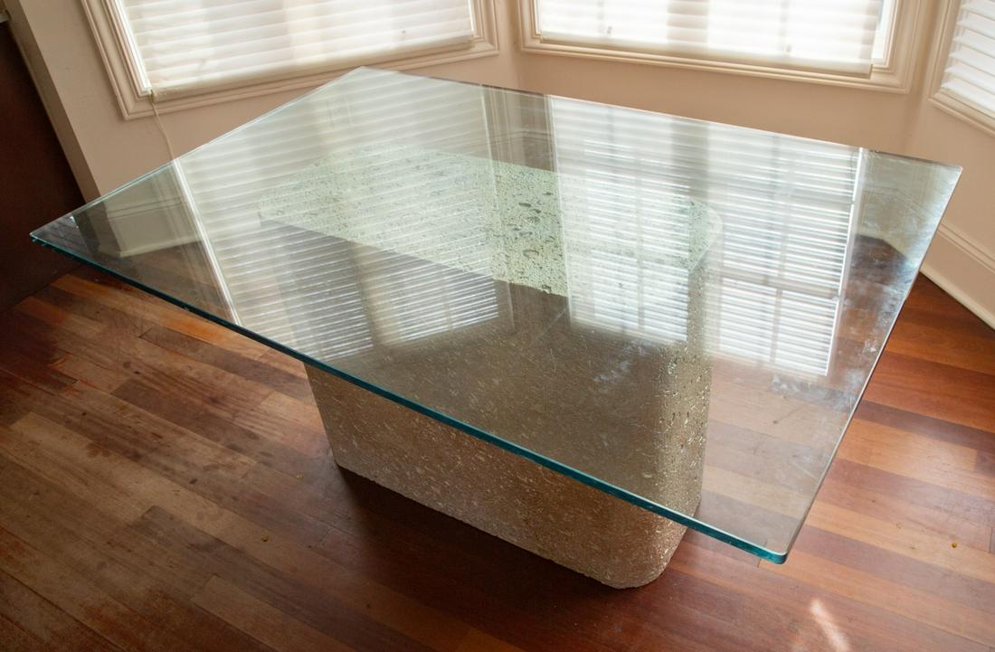 Contemporary Stone Pedestal Glass Top Dining Table (1 of 8)