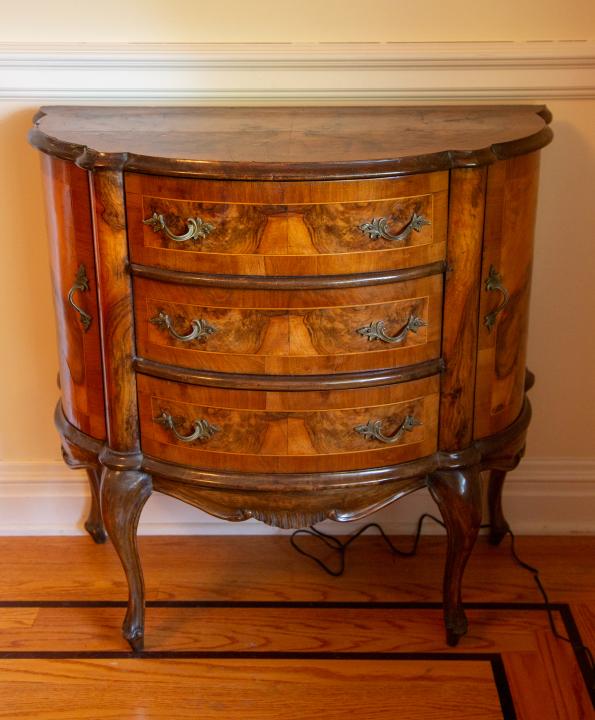 Early 20th C. Carved Marquetry Inlaid Commode: Early 20th Century Carved Marquetry Inlaid Commode with Brass Hardware.Measures 32 inches x 32 inches x 16 inches.