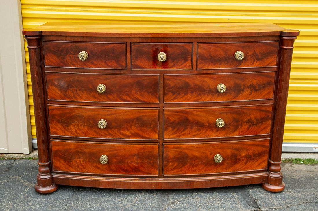 Henredon Flame Mahogany Bow Front Chest of Drawers: Henredon Flame Mahogany Bow Front Chest of Drawers.Measures 43 inches x 66 inches x 21 inches.