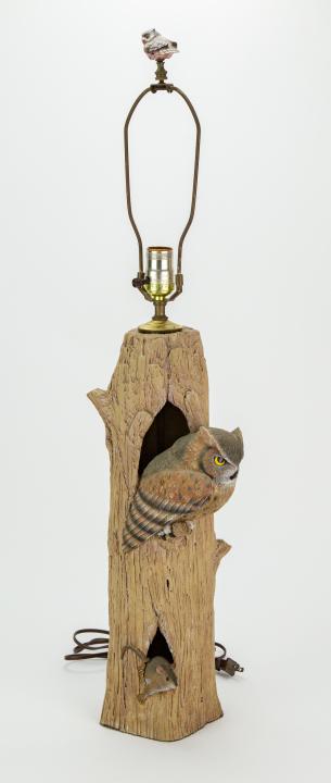 Art Pottery Faux Bois w Owl & Mouse in Trunk Lamp (1 of 6)