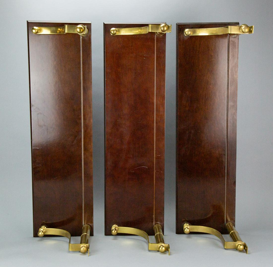 Set of 3 Brass & Mahogany Sheraton Hanging Shelves: Set of 3 Brass & Mahogany Sheraton Style Hanging Shelves. Each measure 10 inches x 30 inches x 9 inches.