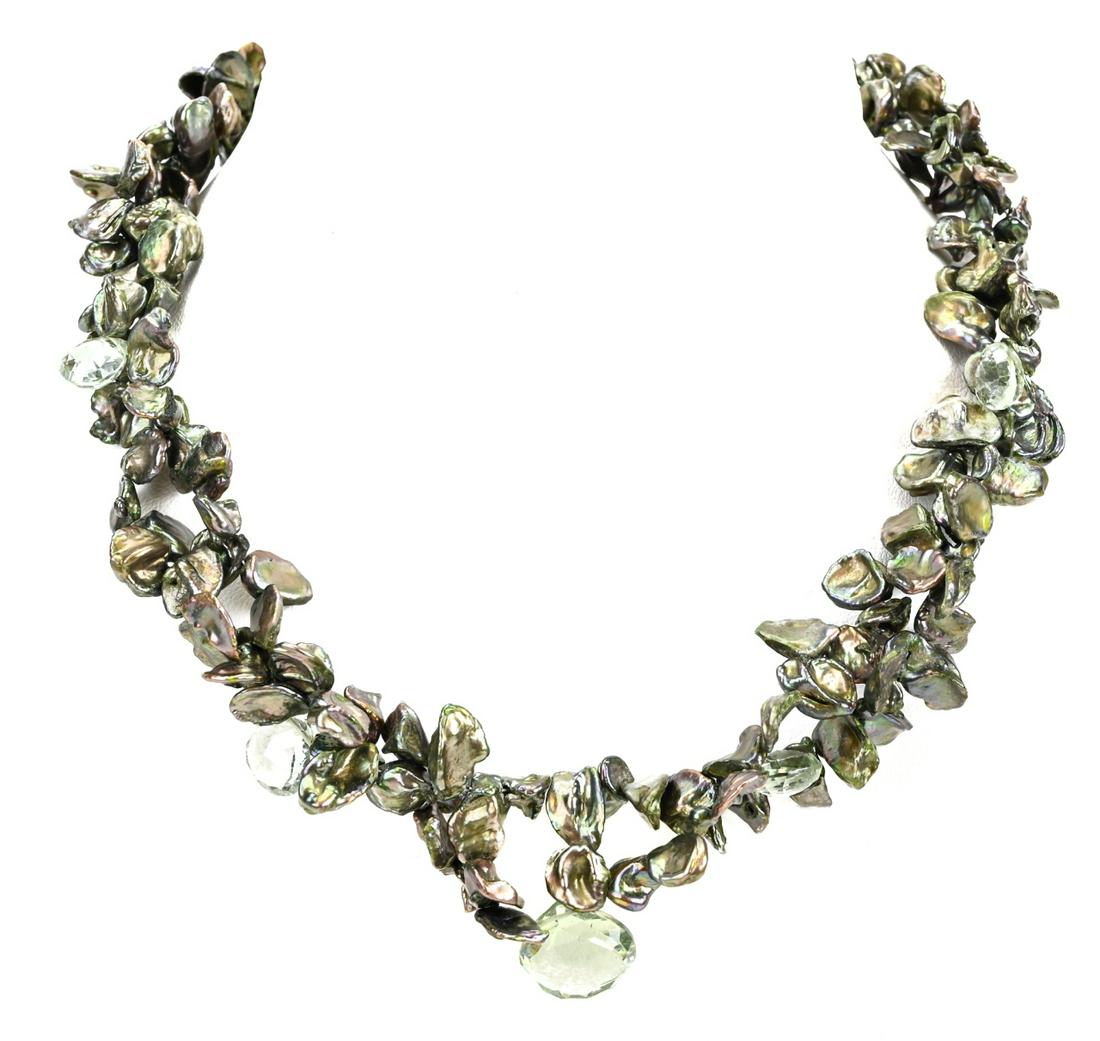 Sterling Silver & Baroque Biwa Pearl Necklace: Double Strand Sterling Silver & Baroque Biwa Pearl Necklace. Measures 18 inches in length.