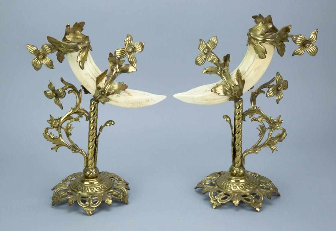 Pair Antique Victorian Brass & Horn Epergnes: Pair Antique Victorian Brass & Carved Horn Epergnes. 14 inches x 10 inches