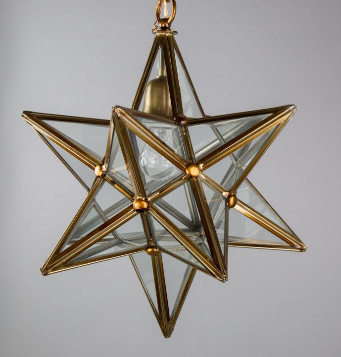 Rubbed Brass & Glass Star Form Pendant Chandelier: Contemporary Rubbed Brass & Glass Star Form Pendant Chandelier. 16 inches x 16 inches