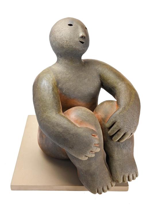 Joy Brown Leaning Back Nude Stoneware Sculpture: Joy Brown Seated Figure " Leaning Back" Nude Wood Fire Stoneware Sculpture.Measures 15 inches x 13 inches x 12 inches.