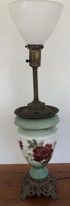 Antique Hand Painted Glass Lamp w Rose Motif: Antique Hand Painted Glass Lamp w Rose Motif. Converted oil lamp. Requires rewiring. 30 inches x 9 inches in diameter.