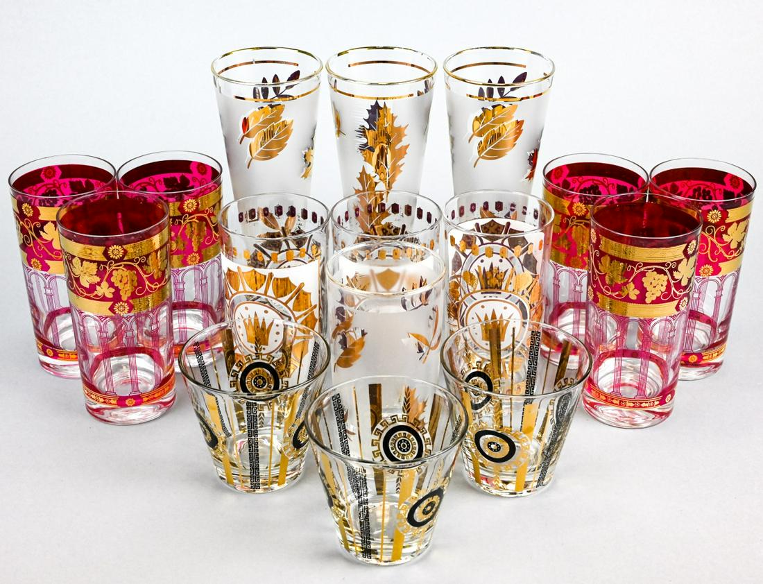 Collection Mid Century Frosted Gold Leaf Glassware: Collection Mid Century Frosted Glass and Gold Leaf Glassware. In a variety of sizes and styles from a variety of manufacturers.