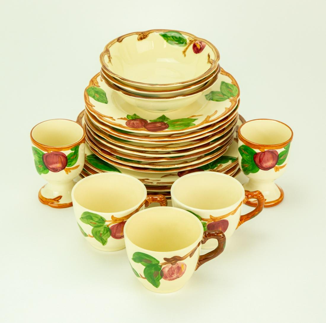 Franciscan Ware Apple Pattern Partial Dinner Set: Franciscan Ware Apple Pattern Partial Dinner Set. Includes 4 dinner plates, 8 lunch plates, 3 cereal bowls, 3 coffee cups and 2 egg cups. Some has chip.Dinner plate measures 9.5 inches diameter.