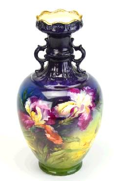 Franz Ant Mehlem Royal Bonn Art Nouveau Iris Vase: Franz Anton Mehlem Royal Bonn Art Nouveau Hand Painted Iris Vase. Manufacturer's mark to underside. Measures 12.5 inches x 6 inches.