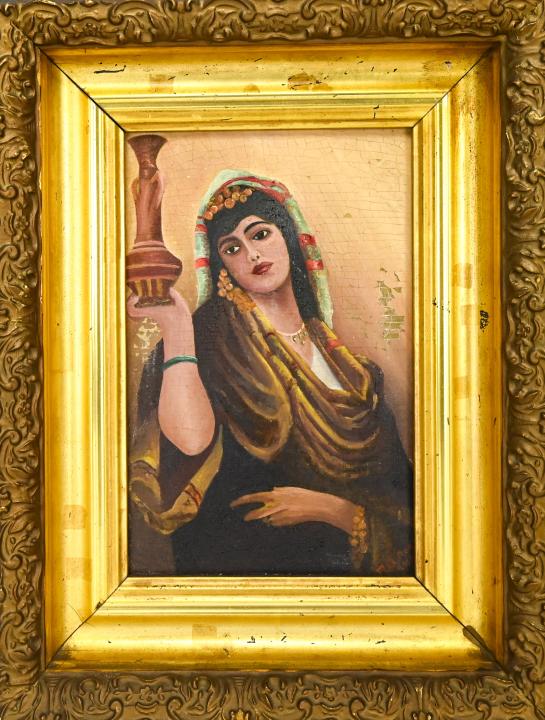 Antique Indo Persian Oil on Board Portrait Woman: Antique Signed and Framed Indo Persian Oil Painting on Board Portrait of Woman in Scarves Carrying Wine. Signed and Dated 1911. In carved gilt and lemon gilt frame. Measures 13 inches x 10 inches