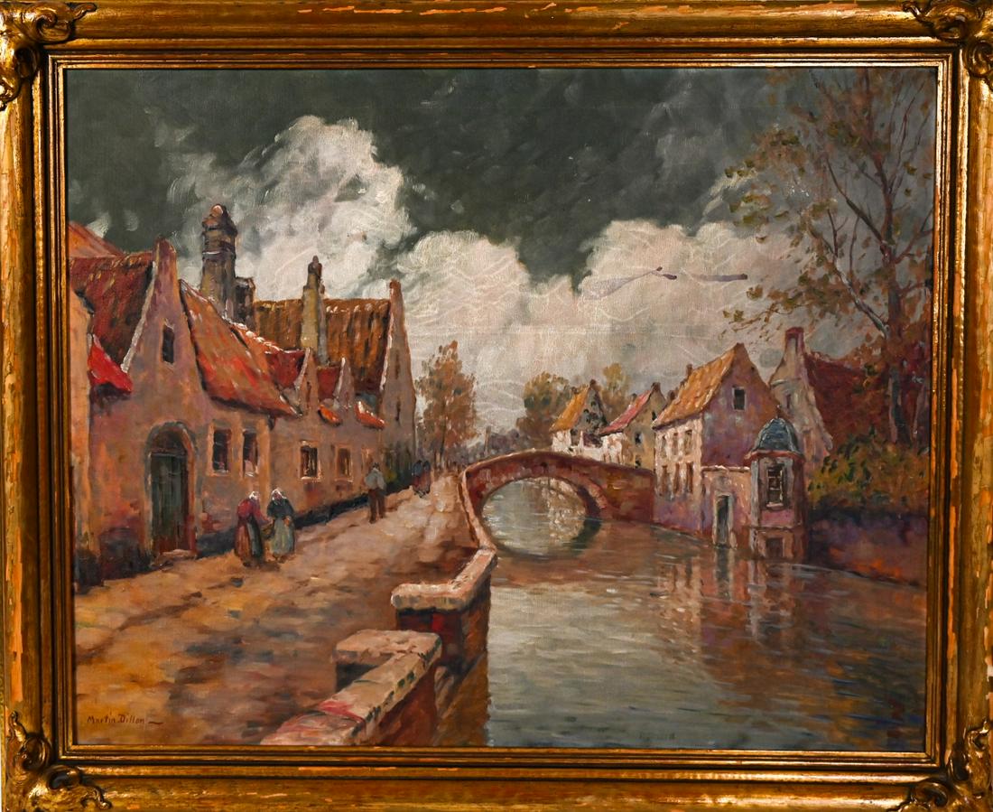 Martin Dillon American Impressionist Oil Painting: Martin Dillon American Impressionist Oil Painting of Canal Signed and Framed. Likely Scene of Coral Antwerp Canals. 28 inches x 35 inches.