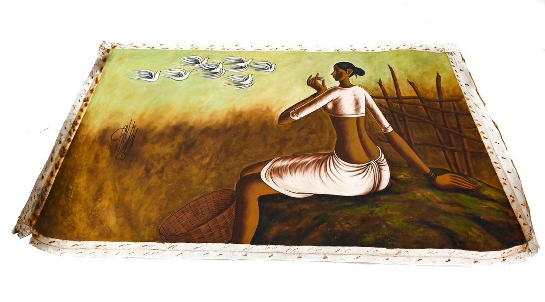 B Prabha 1987 Oil on Canvas Painting Woman & Doves (1 of 10)