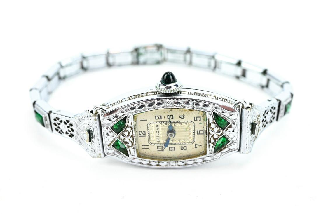 Antique Ladies Bulova Art Deco Watch w Paste: Antique Ladies Bulova Art Deco Watch with Emerald Colored Paste Inserts.7 inches
