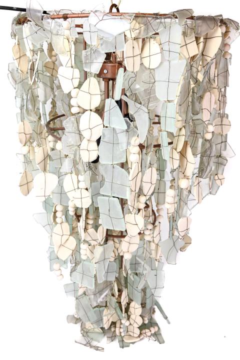 Hellooow Hand Made Sea Glass, Clay Bead Chandelier: Hellooow Hand Made Sea Glass, Clay Bead 3 Tier Chandelier. 32 inches x 22 inches x 17 inches