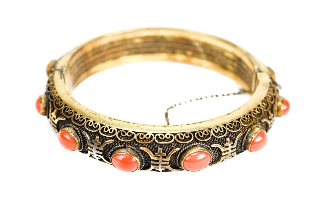 Chinese Silver Filigree with Coral Cabochon Bangle (1 of 8)