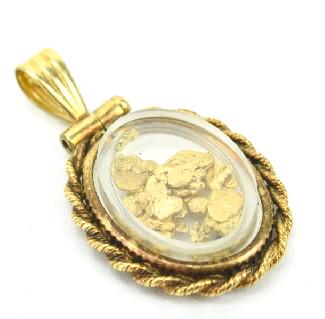 Antique Shaker Locket Pendant w Real Gold Nuggets.: Gold filled frame with panel back and front having real gold flakes / nuggets inside. Measures just over 1 inch in length.