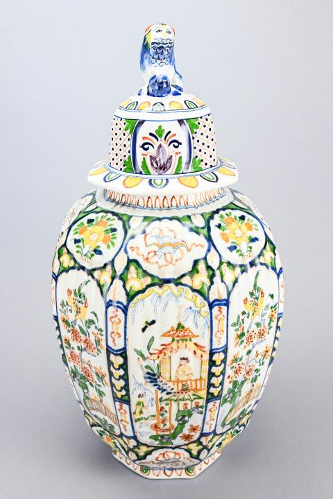 Boch Freres Keramis Polychrome Ribbed Ginger Jar: Boch Freres Keramis Polychrome Hand Painted Ribbed Ginger Jar with Lion Finial.Measures 22 inches x 10 inches diameter.