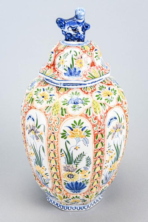 Boch Freres Keramis Polychrome Lidded Ginger Jar: Boch Freres Keramis Polychrome Lidded Ginger Jar with Foo Lion Finial.Measures 14 inches x 6 inches diameter.