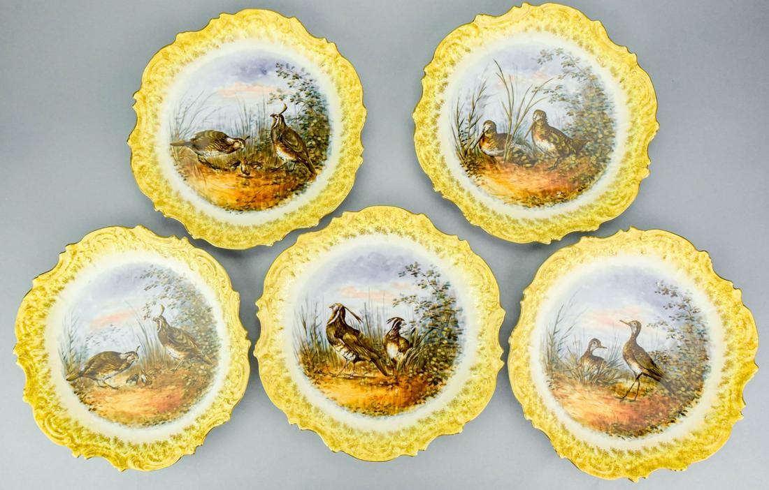 Antique Limoge Porcelain Wild Fowl Lunch Plates: Antique Limoge Porcelain Hand Painted Wild Fowl Lunch Plates. 9 inches in diameter.