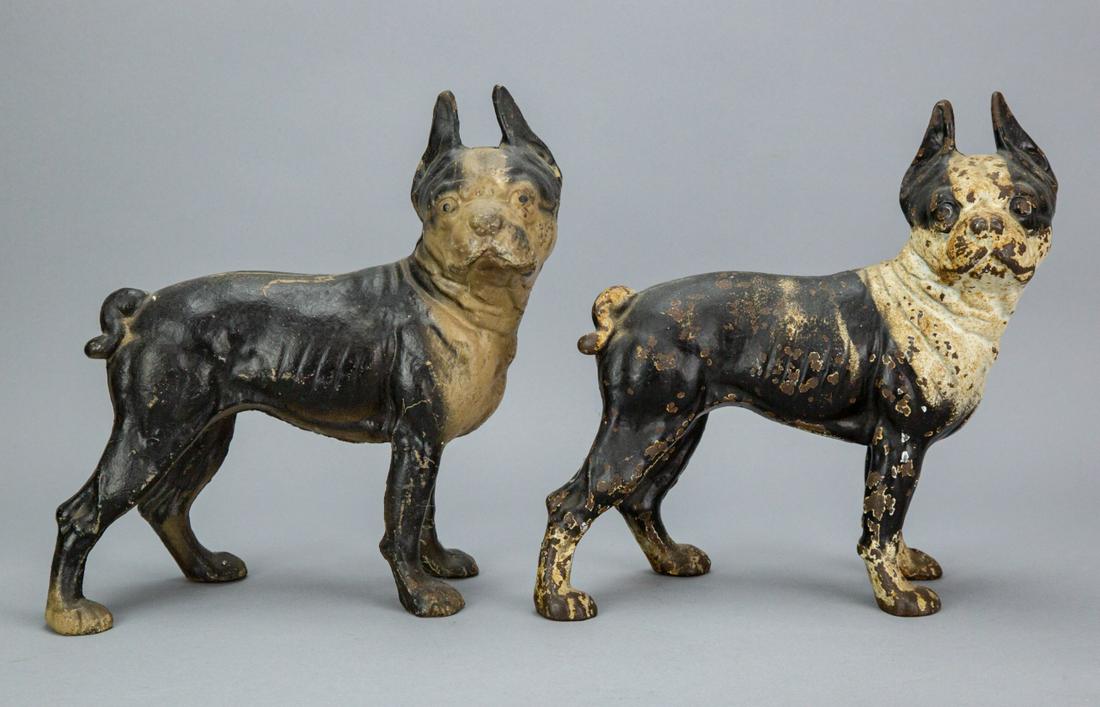 2 Antique Cast Iron French Bulldog Door Stops: 2 Antique Cast Iron French Bulldog Door StopsMeasures 10 inches x 10 inches.