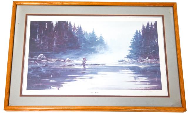 Framed John Swan "Lost Pool" Fishing Lithograph: Framed John Swan "Lost Pool" Fishing Lithograph. Signed in pencil in bottom right corner "John Swan", American artist (1948-). Piece measures 18 inches high x 28.5 inches wide, framed measures 25 inch