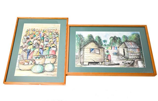 2 Hubert Mason Haitian Genre Watercolor Paintings: 2 Framed Hubert Mason Signed Haitian Genre Watercolor Paintings.Largest measures 21 inches x 28 inches.