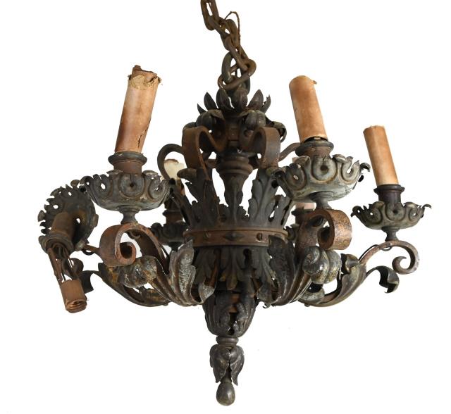 Antique Renaissance Revival Iron & Tole Chandelier: Antique Renaissance Revival Style Wrought Iron & Tole 5-Light Powder Coated Electric Chandelier. With Acanthus Motif. Chandelier shows heavy wear. 24 inches x 24 inches in diameter