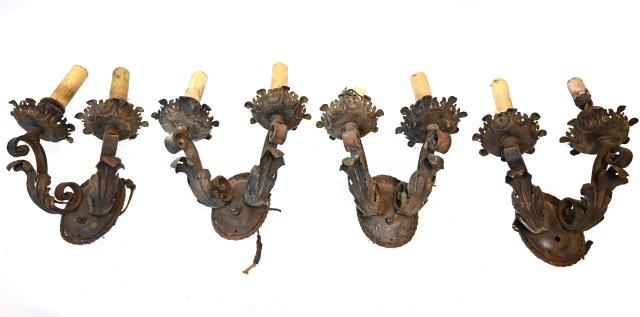 4 Antique Renaissance Revival Iron & Tole Sconces: 4 Antique Renaissance Revival Style Wrought Iron & Tole 2-Light Powder Coated Electric Sconces. With Acanthus Motif. Sconces show heavy wear. 14 inches x 12 inches x 8 inches