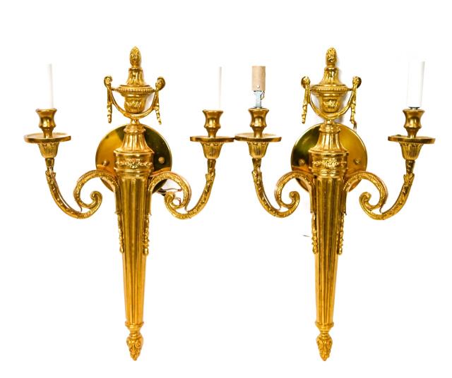 Pair Gilt Bronze Neo Classical Torch Sconces (1 of 10)