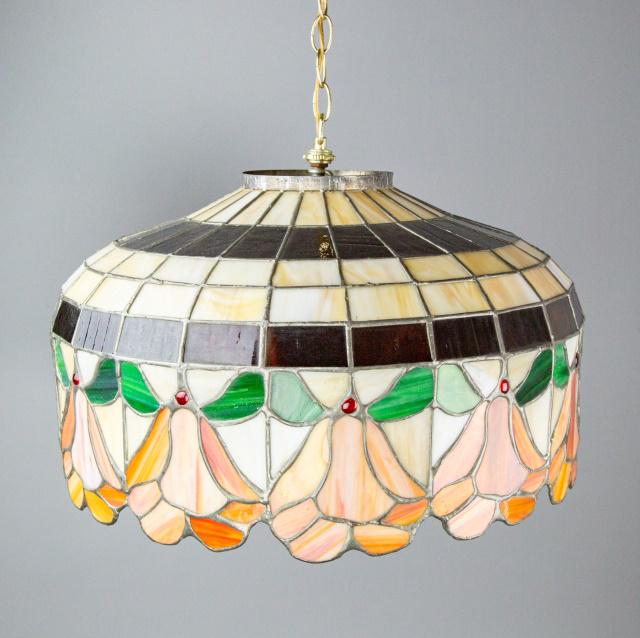 Large Stained Slag Glass Pendant Chandelier: Large Stained Slag Glass Pendant Chandelier Measures 13 inches x 20 inches diameter.