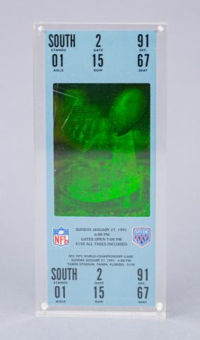 Super Bowl XXV 1991 Front Row Seat Ticket: Super Bowl XXV 1991 Front Row Seat Ticket. In lucite case. 7 inches x 3 inches