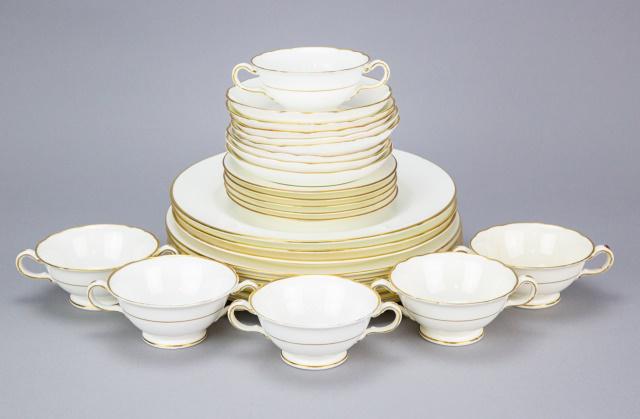 Minton England Partial Dinner Set for Collamore: Minton England Fine Bone China Gold Rimmed Partial Dinner Set for Gilman Collamore. Includes 6 Dinner plates, 3 salad plates, 6 cups and 4 saucers and 8 small dessert plates.Dinner plates measures 10